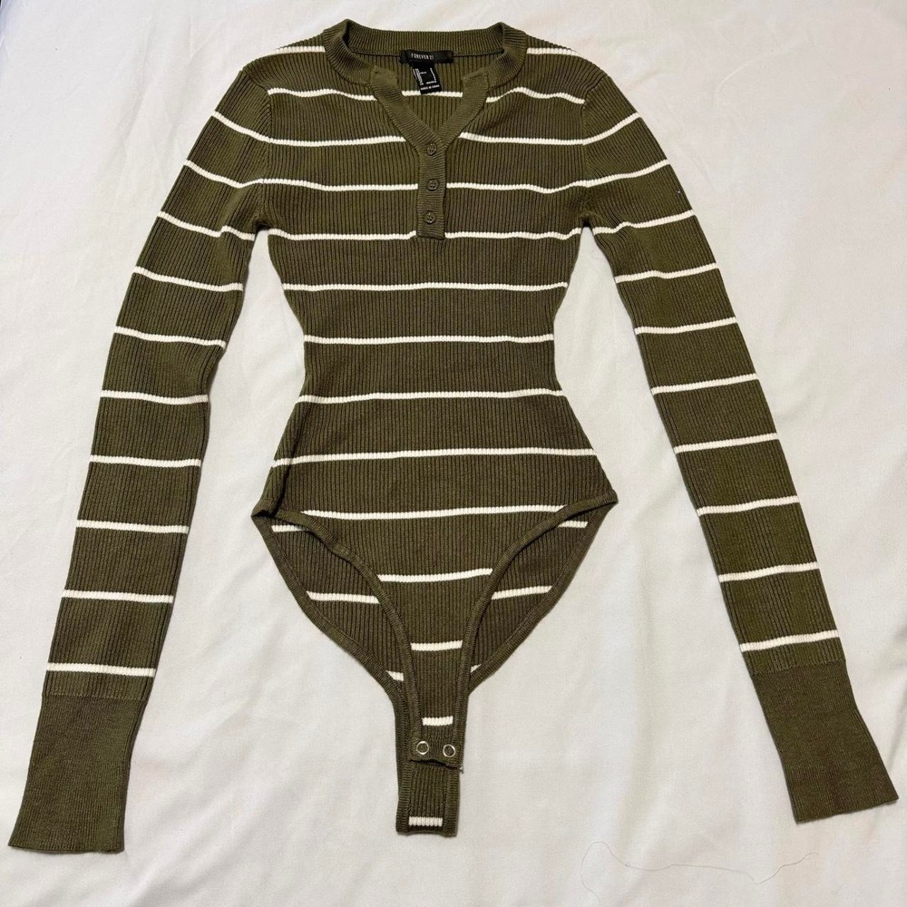 Forever 21 Olive Green Striped Henley Ribbed Long Sleeve Bodysuit Small